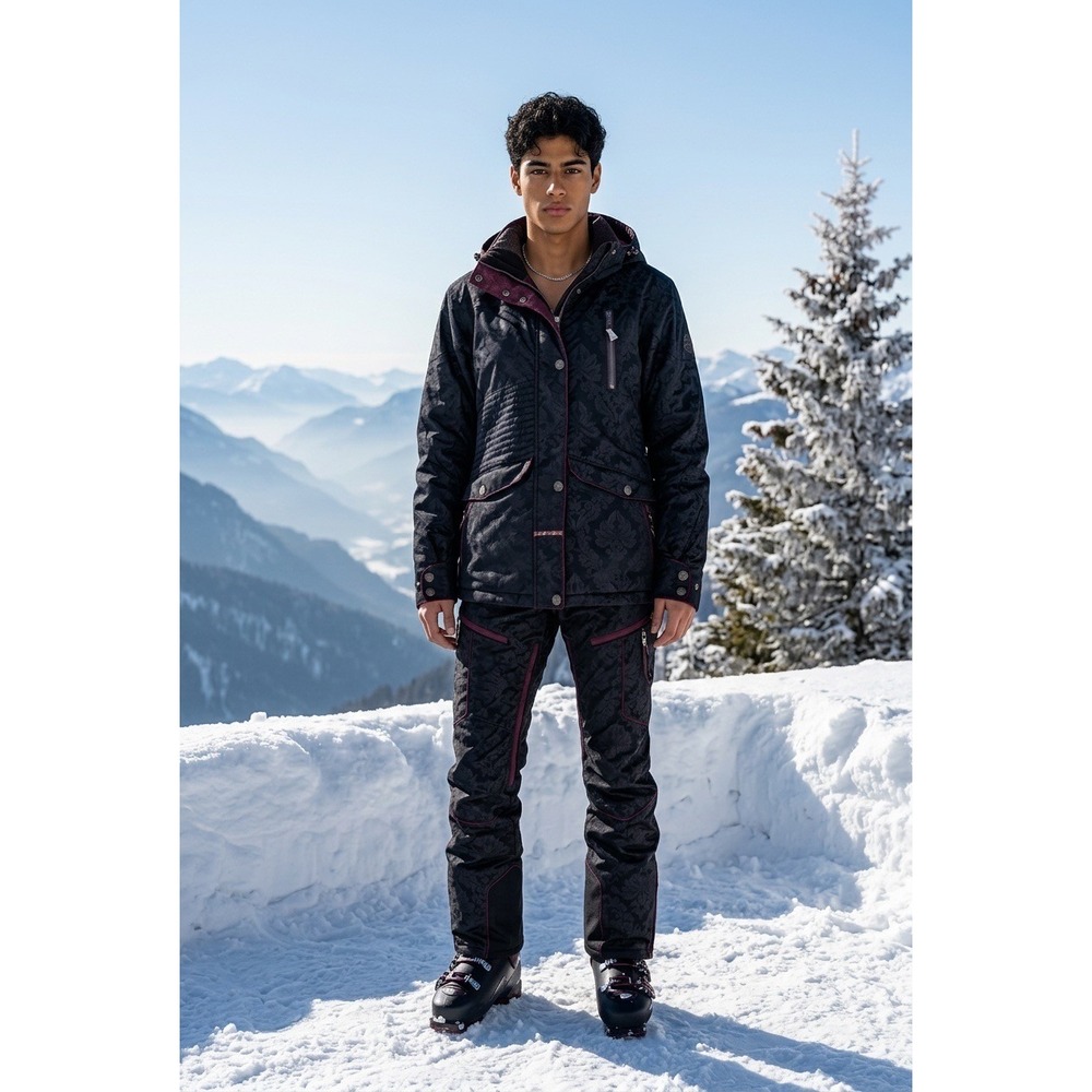 Capp3L Mens Snowboard Jacket Black Damask Floral Jacquard Winter Ski Coat Hooded